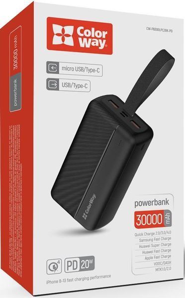 Универсальная батарея ColorWay 30000 mAh High-power 2 (22.5W) Black (CW-PB300LPC2BK-PD) CW-PB300LPC2BK-PD фото