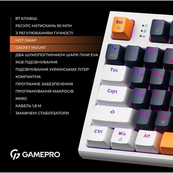 Клавіатура GamePro MK180W Hot-Swap Red Swich RGB USB UA White (MK180W) MK180W фото