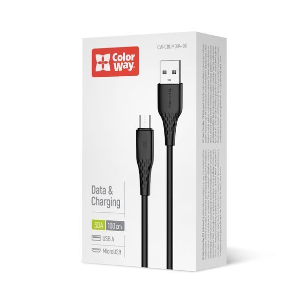Кабель ColorWay USB - MicroUSB (textured PVC) 3А 1м черный (CW-CBUM094-BK) CW-CBUM094-BK фото