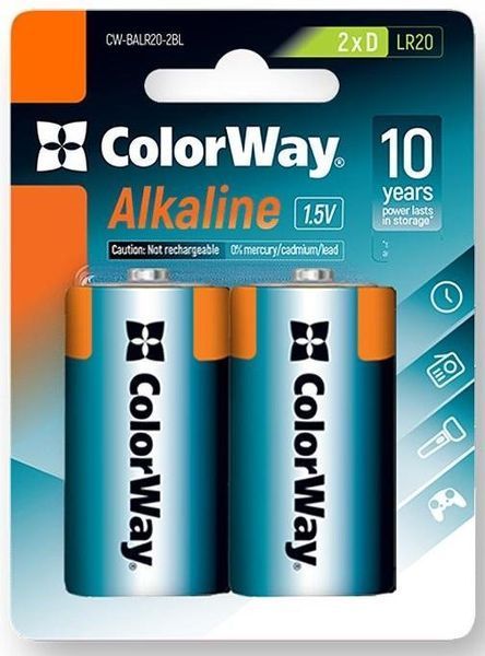 Батарейка СolorWay Alkaline Power щелочные D/LR20 (2шт) blister (CW-BALR20-2BL) CW-BALR20-2BL фото