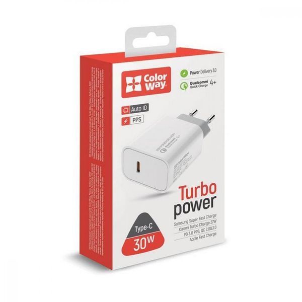 Зарядний пристрій ColorWay Power Delivery USB Type-C (30W) білий (CW-CHS038PD-WT) CW-CHS038PD-WT фото