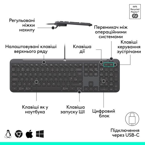 Клавіатура Logitech Signature Slim K620 for Business USB-C UA Graphite (920-013333) 920-013333 фото