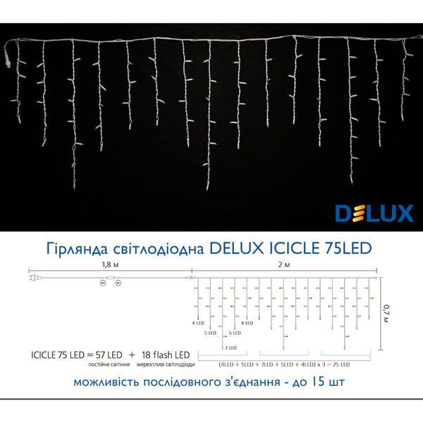 Гірлянда Delux Icicle 75LED 2x0.7m 18 flash теплий білий/білий IP44 EN (90012959) 90012959 фото