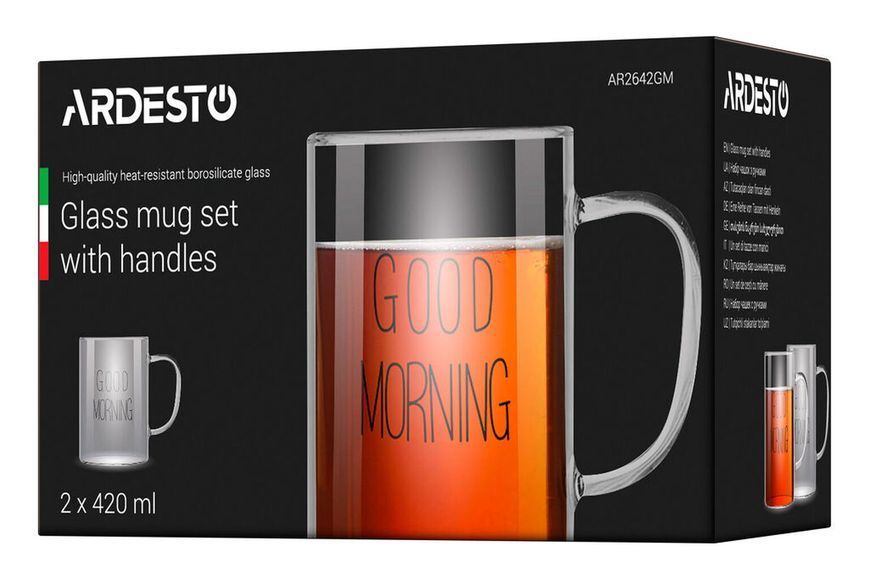 Набір чашок з ручками Ardesto Good Morning , 420мл, 2шт, боросилікатне скло, прозорий AR2642GM фото