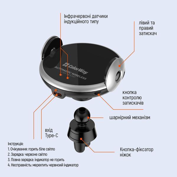 Тримач автомобільний ColorWay AutoSense Car Wireless Charger 2 15W Black (CW-CHAW036Q-BK) CW-CHAW036Q-BK фото