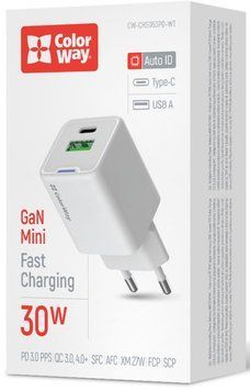 Зарядное устройство ColorWay GaN Mini (30W) PD Port PPS USB (Type-C PD + USB QC4.0) белый (CW-CHS053PD-WT) CW-CHS053PD-WT фото