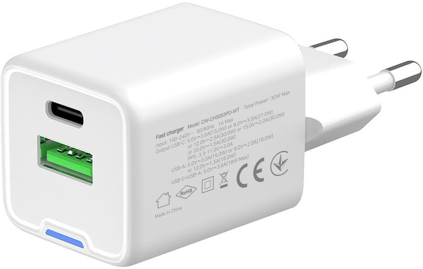 Зарядний пристрій ColorWay GaN Mini (30W) PD Port PPS USB (Type-C PD + USB QC4.0) білий (CW-CHS053PD-WT) CW-CHS053PD-WT фото