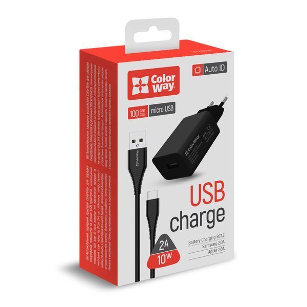 Зарядний пристрій ColorWay 1USB AUTO ID 2A (10W) чорний + cable microUSB (CW-CHS012CM-BK) CW-CHS012CM-BK фото