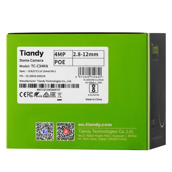 Tiandy Камера IP TC-C34KN, 4MP, Dome, 2.8-12mm AVF, f/1.6, IR30m, PoE, IP66 TC-C34KN фото