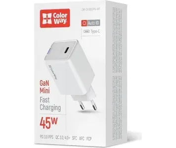 Зарядний пристрій ColorWay GaN Mini (45W) PD Port PPS USB-C білий (CW-CHS057PD-WT)