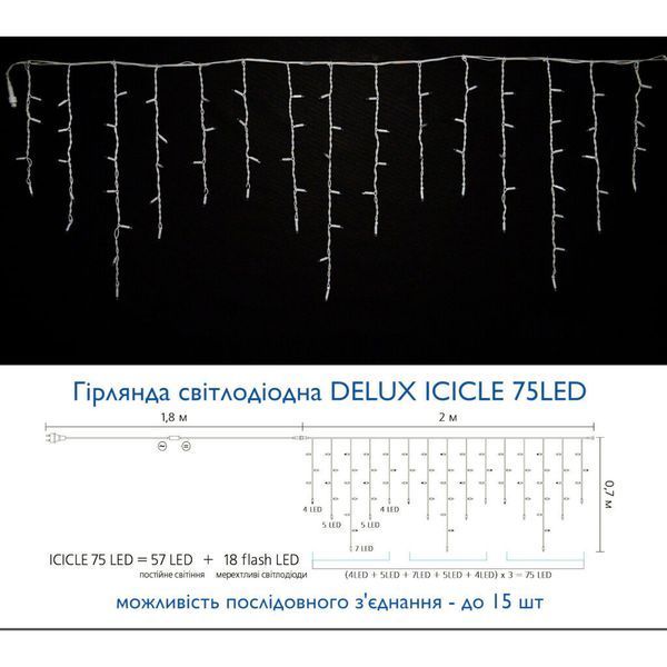 Гірлянда Delux ICICLE flash 75LED 2 х 0.7 м синій/білий IP44 EN (90012957) 90012957 фото
