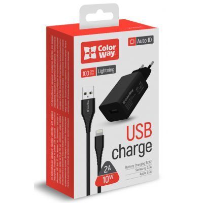 Зарядное устройство Colorway 1USB AUTO ID 2A (10W) черное + cable Lightning (CW-CHS012CL-BK) CW-CHS012CL-BK фото