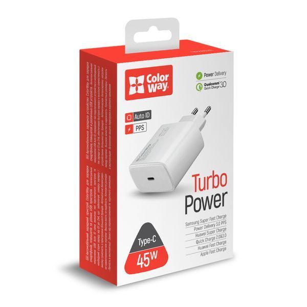 Зарядний пристрій ColorWay Power Delivery USB Type-C (45W) білий (CW-CHS034PD-WT) CW-CHS034PD-WT фото