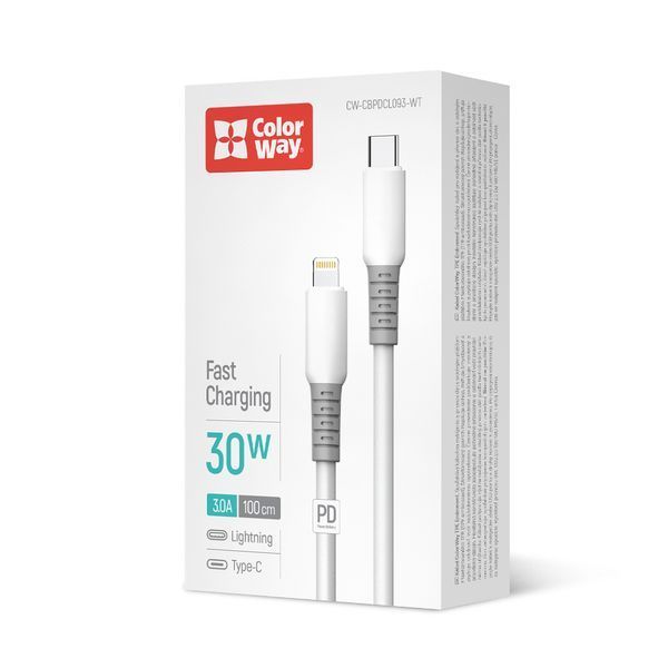 Кабель ColorWay Type-C - Apple Lightning (30W) 1м білий (CW-CBPDCL093-WT) CW-CBPDCL093-WT фото