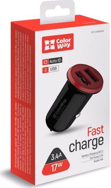 Автомобільний зарядний пристрій Colorway 2USB AUTO ID 3.4A (17W) red/black (CW-CHA026-BK) CW-CHA026-BK фото