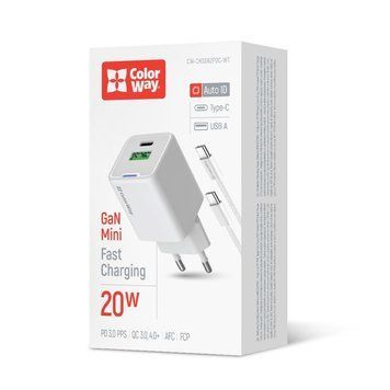 Зарядное устройство ColorWay GaN Mini (20W) PD Port PPS USB (Type-C PD + USB QC4.0) cable Type-C (CW-CHS062PDC-WT) CW-CHS062PDC-WT фото