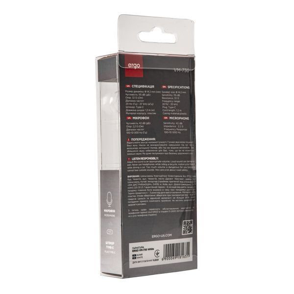 Наушники Ergo VM-730 Type-C Earphones White (VM-730W) VM-730W фото