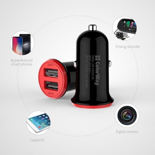 Автомобільний зарядний пристрій Colorway 2USB AUTO ID 3.4A (17W) red/black (CW-CHA026-BK) CW-CHA026-BK фото