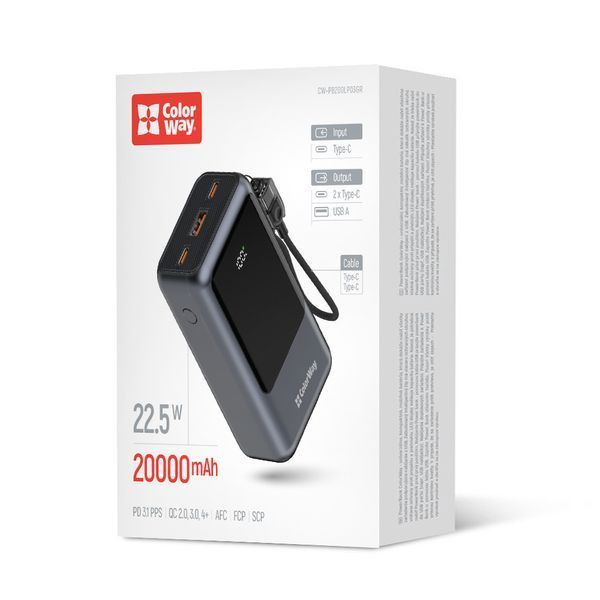 Універсальна батарея ColorWay 20000mAh Urban (22.5W) Gray (CW-PB200LP03GR) CW-PB200LP03GR фото