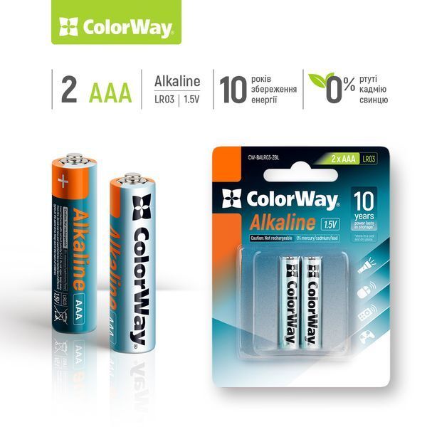 Батарейка СolorWay Alkaline Power щелочные AAA (2шт) blister (CW-BALR03-2BL) CW-BALR03-2BL фото