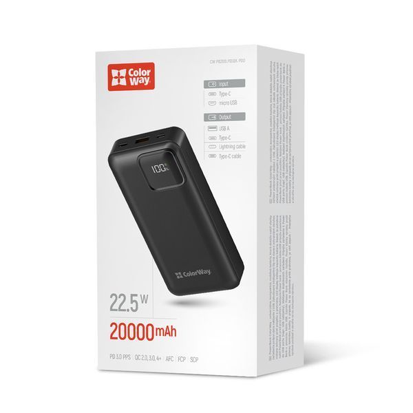 Універсальна батарея ColorWay 20000mAh Optimal Power (22.5W) Black (CW-PB200LPB5BK-PDD) CW-PB200LPB5BK-PDD фото