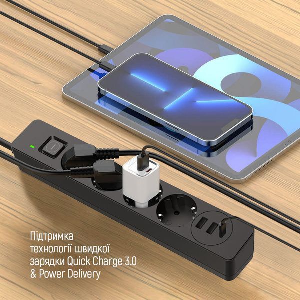 Сетевой фильтр-удлинитель СolorWay 4 розетки/3USB (2USB-A + 1 TYPE-C) Black 5M (CW-CHE435PDB) CW-CHE435PDB фото