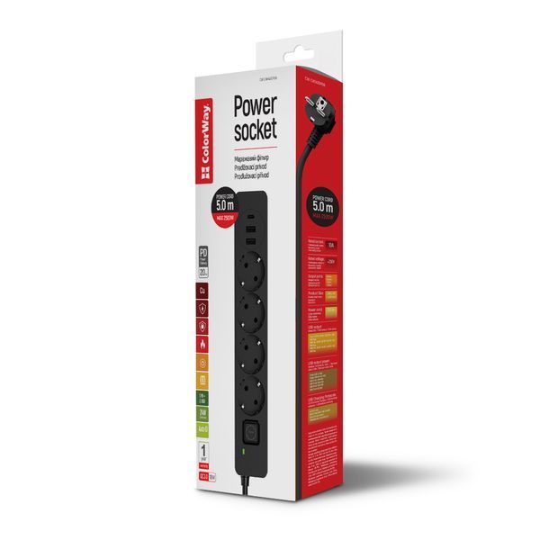 Сетевой фильтр-удлинитель СolorWay 4 розетки/3USB (2USB-A + 1 TYPE-C) Black 5M (CW-CHE435PDB) CW-CHE435PDB фото