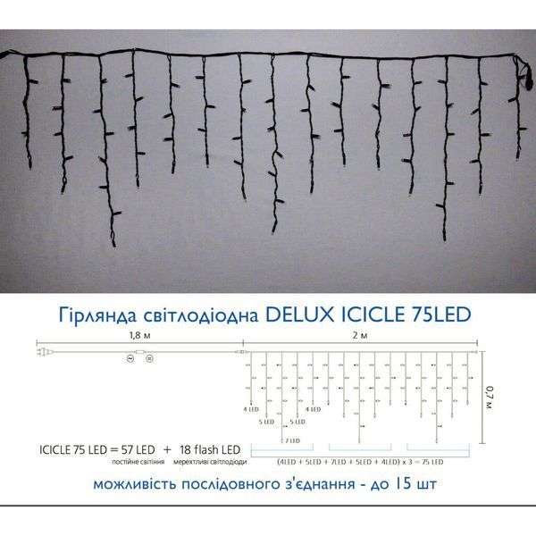 Гірлянда Delux Icicle 75LED 2x0.7m 18 біл. flash теплий білий/чорний IP44 EN (90015185) 90015185 фото
