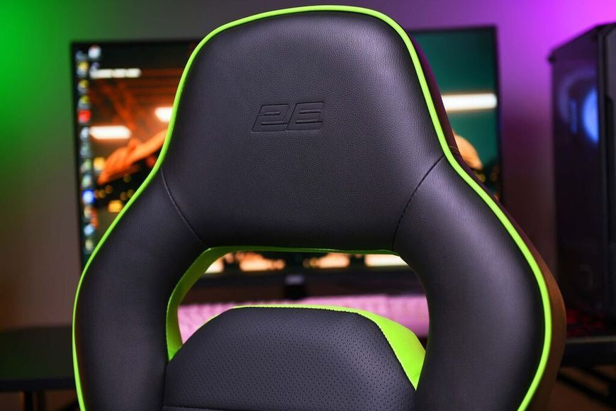 Кресло 2E GAMING HEBI, ПУ кожа, Foldable Armrests, чёрно-зелёный 2E-GC-HEB-BK фото