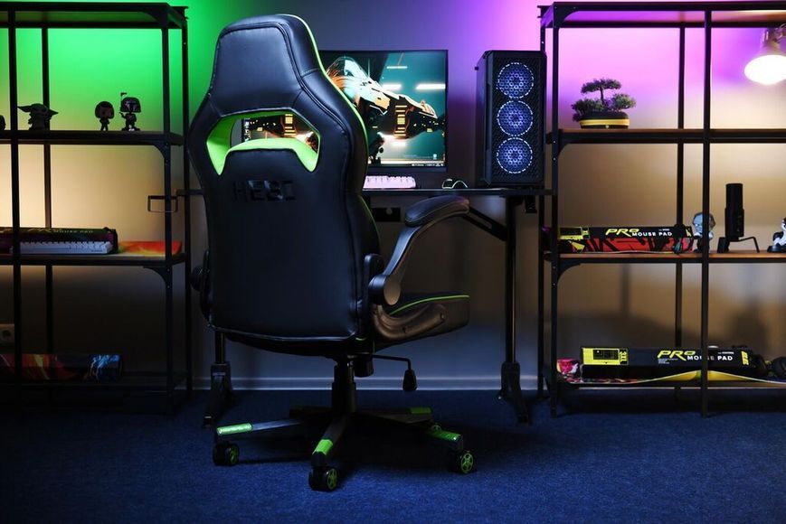 Кресло 2E GAMING HEBI, ПУ кожа, Foldable Armrests, чёрно-зелёный 2E-GC-HEB-BK фото