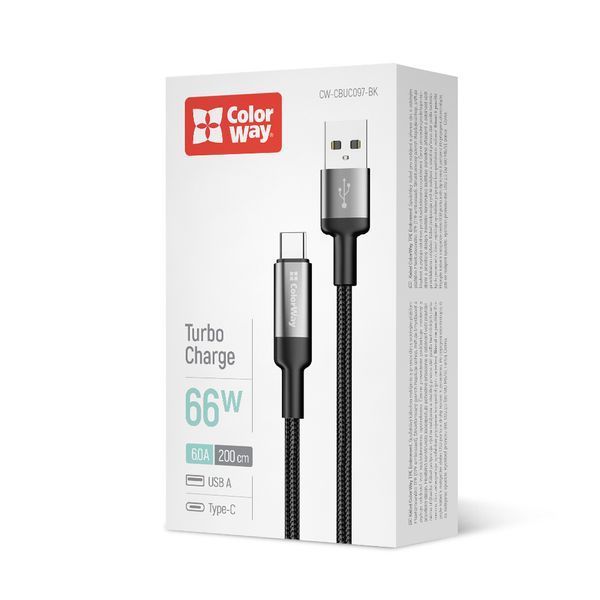 Кабель ColorWay USB - Type-C (braided wire) 6А 2м чорний (CW-CBUC097-BK) CW-CBUC097-BK фото