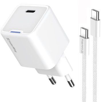 Зарядное устройство ColorWay GaN Mini (25W) PD Port PPS USB-C белый cable Type-C (CW-CHS052PDC-WT) CW-CHS052PDC-WT фото