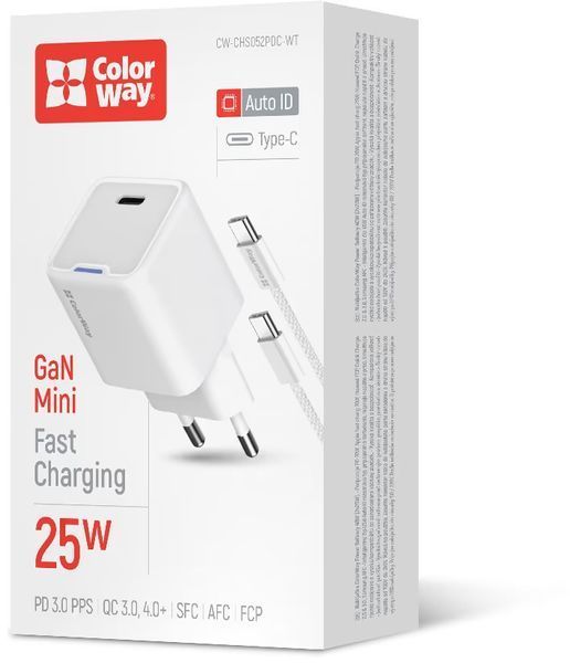 Зарядний пристрій ColorWay GaN Mini (25W) PD Port PPS USB-C білий cable Type-C (CW-CHS052PDC-WT) CW-CHS052PDC-WT фото