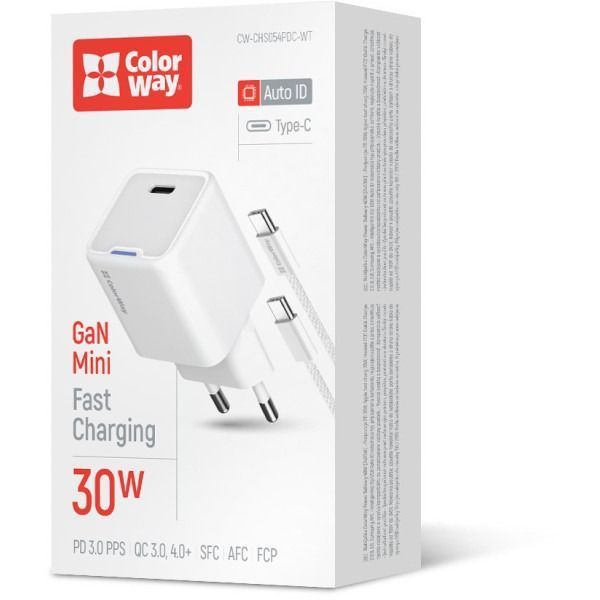 Зарядное устройство ColorWay GaN Mini (30W) PD Port PPS USB-C белый + cable Type-C (CW-CHS054PDC-WT) CW-CHS054PDC-WT фото