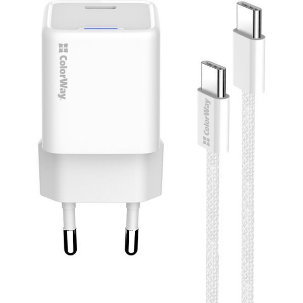 Зарядное устройство ColorWay GaN Mini (30W) PD Port PPS USB-C белый + cable Type-C (CW-CHS054PDC-WT) CW-CHS054PDC-WT фото