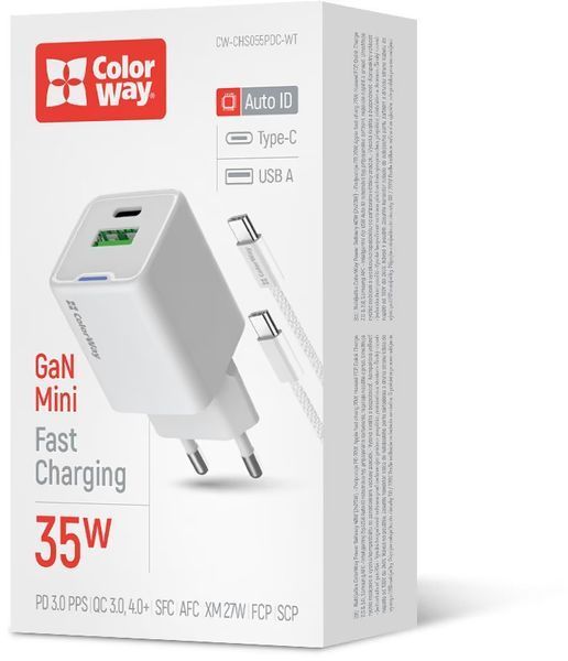 Зарядное устройство ColorWay GaN Mini (35W) PD Port PPS USB (Type-C PD + USB QC4.0) cable Type-C (CW-CHS055PDC-WT) CW-CHS055PDC-WT фото