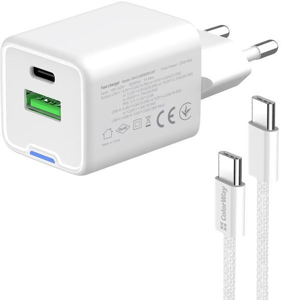 Зарядное устройство ColorWay GaN Mini (35W) PD Port PPS USB (Type-C PD + USB QC4.0) cable Type-C (CW-CHS055PDC-WT) CW-CHS055PDC-WT фото