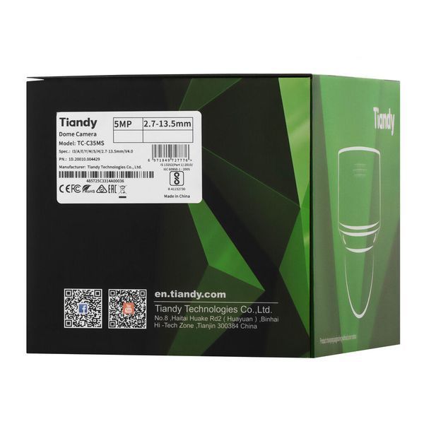 Камера IP Tiandy TC-C35MS Spec:I3/A/E/Y/M/S/H/2.7-13.5mm/V4.0, 5MP, Starlight Dome, 2.7-13.5mm AVF, f/1.6, IR30m, PoE, IP66, IK10 TC-C35MS фото