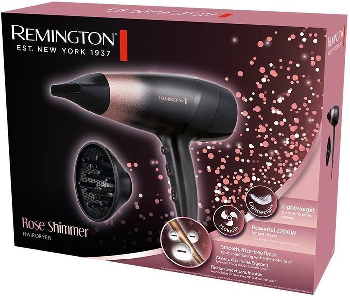 Remington Фен ROSE SHIMMER, 2000Вт, режимов-3, иониз-я, хол. обдув, черный D5305 фото