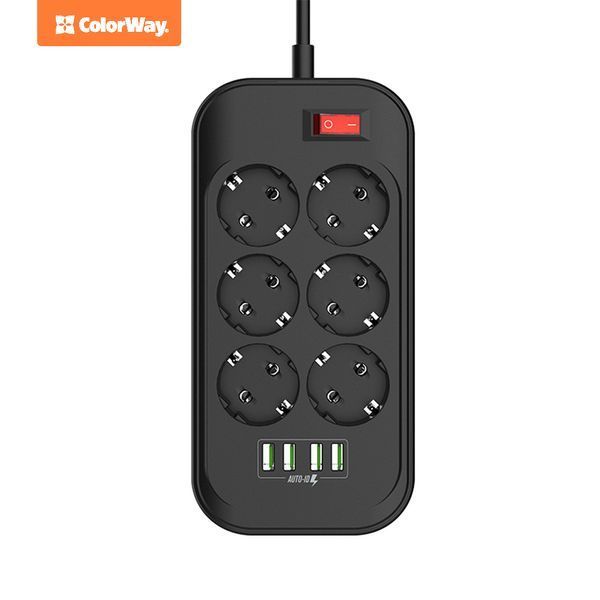 Мережевий фільтр-подовжувач СolorWay 6 розеток/4USB Black 2M (CW-CHE64B) CW-CHE64B фото