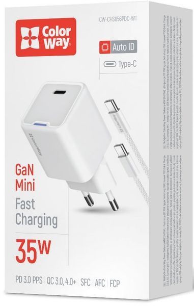 Зарядний пристрій ColorWay GaN Mini (35W) PD Port PPS USB-C білий cable Type-C (CW-CHS056PDC-WT) CW-CHS056PDC-WT фото