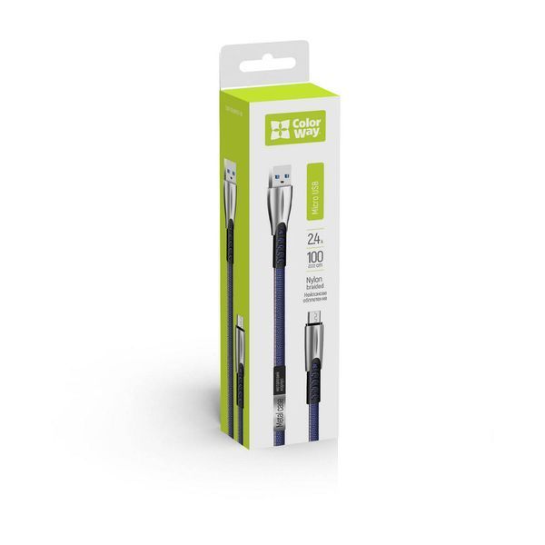 Кабель ColorWay USB - MicroUSB (zinc alloy) 2.4A 1м синій (CW-CBUM011-BL) CW-CBUM011-BL фото
