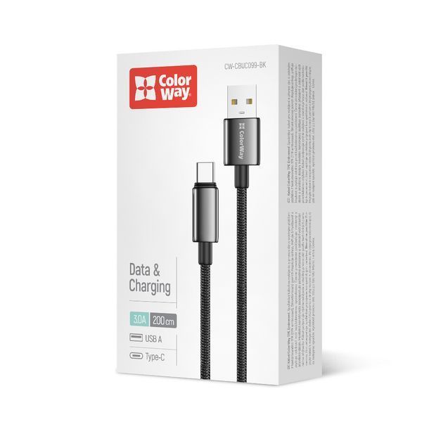 Кабель ColorWay USB - Type-C (zinc alloy braided) 3А 2м чорний (CW-CBUC099-BK) CW-CBUC099-BK фото