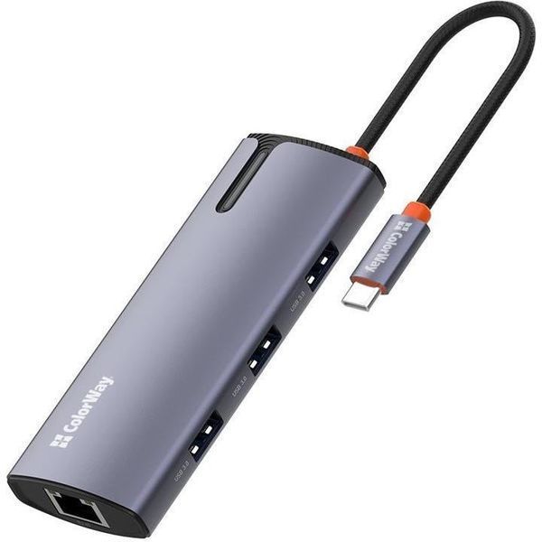 USB-хаб ColorWay USB-C 6-в-1 Type C PD 100W/USB3.0х3/USB2.0/RJ45 (CW-HUB03) CW-HUB03 фото