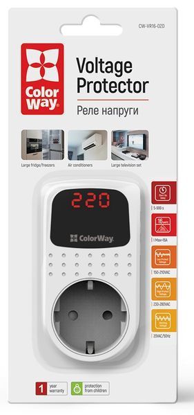 Реле напруги ColorWay (16A/3680W) 150V-210V/230V-280V DS2 White (CW-VR16-02D) CW-VR16-02D фото