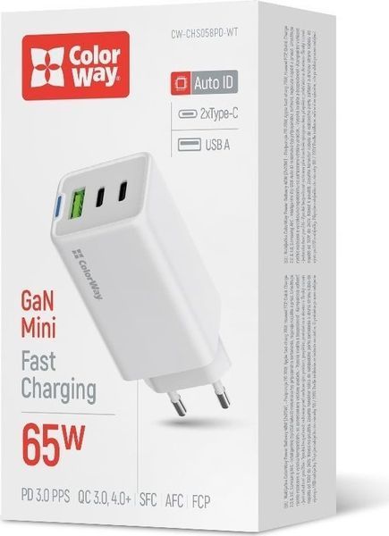 Зарядний пристрій ColorWay GaN Mini (65W) PD Port PPS USB (USB-2C1A) білий (CW-CHS058PD-WT) CW-CHS058PD-WT фото