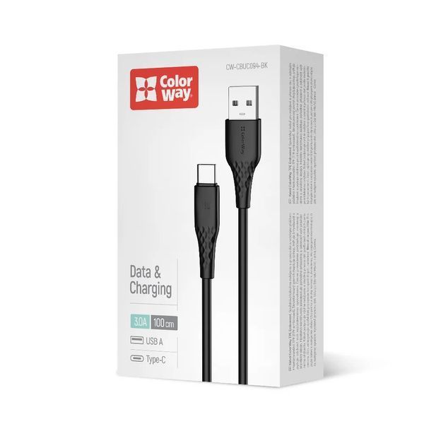 Кабель ColorWay USB-Type-C (textured PVC) 3А 1м черный (CW-CBUC094-BK) CW-CBUC094-BK фото