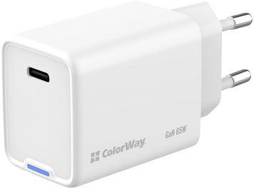 Зарядное устройство ColorWay GaN Mini (65W) PD Port PPS USB-C белый (CW-CHS049PD-WT) CW-CHS049PD-WT фото