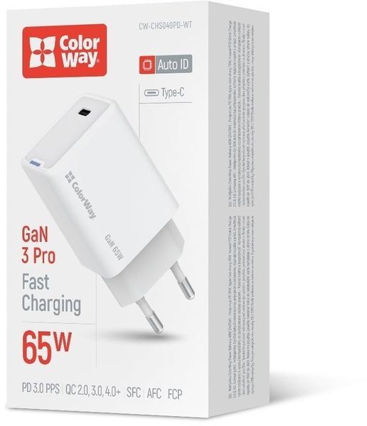 Зарядний пристрій ColorWay GaN Mini (65W) PD Port PPS USB-C білий (CW-CHS049PD-WT) CW-CHS049PD-WT фото