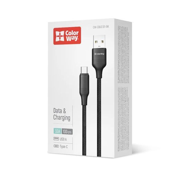 Кабель ColorWay USB - Type-C (TPE embossed) 3А 1м чорний (CW-CBUC101-BK) CW-CBUC101-BK фото